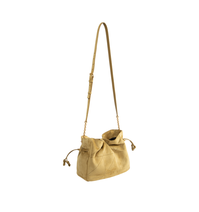 Image 2 of 3 - GREEN - Saint Laurent Women's Jamie Shoulder Pouch is crafted from supple suede calfskin and features the iconic YSL emblem with signature Carr Rive Gauche quilting. Designed in a lightweight, compact silhouette, this versatile bag is finished with a chain shoulder strap for crossbody wear and adjustable drawstring sides that can be cinched or expanded to create multiple shapes. Main Material: Calfskin Suede. Lining: Leather. Hardware: Bronze-Tone Brass. Dimensions: 26 x 18 x 12.5 cm / 10.2 x 