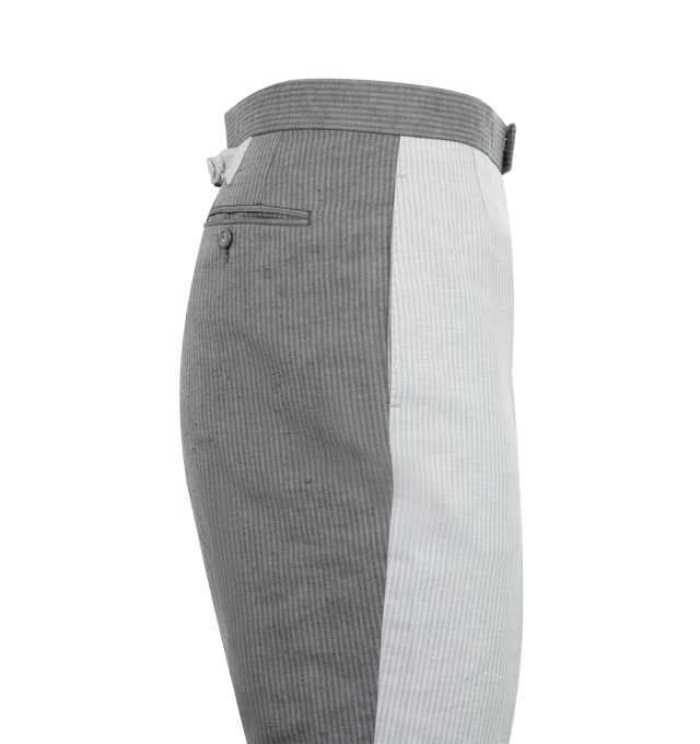 Image 3 of 3 - GREY - THOM BROWNE Tonal University Stripe Trouser featuring two contrasting grey tones, luxurious linen-cotton fabric, tab front closure, button-fastening, back welt pockets, adjustable buttoned backstrap and signature striped grosgrain loop tab. 60% linen, 40% cotton. Lining: 100% cupro. Made in Italy. 