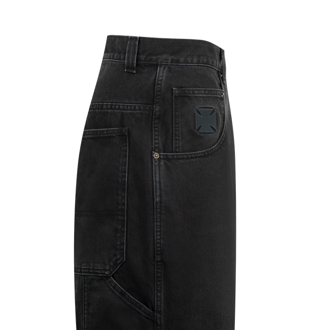 Image 3 of 3 - BLACK - VETEMENTS Hip-Hop Denim Shorts featuring non-stretch denim shorts, fading throughout, belt loops, five-pocket styling, zip fly, cargo pockets and logo patch at outseam and hammer loop at outseam. 100% cotton. Made in Italy. 