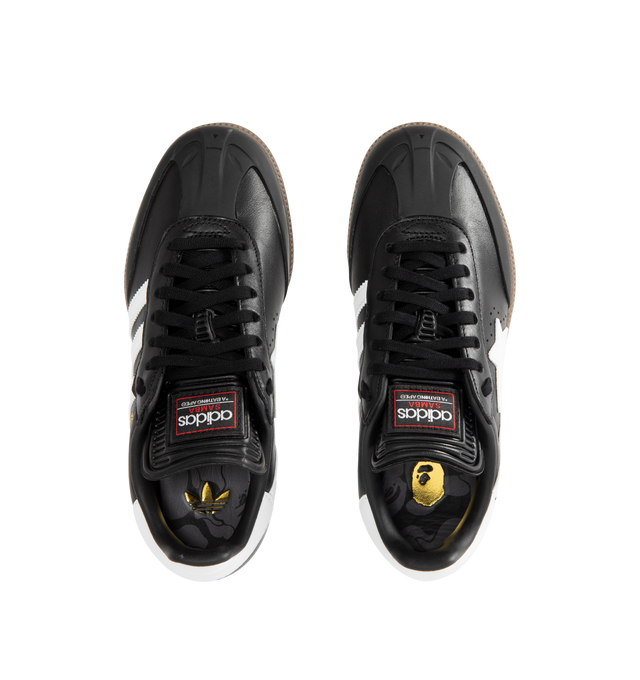 Image 5 of 5 - BLACK - ADIDAS Samba Bape Sneaker featuring leather uppers, gum rubber soles, 3-stripe detail, gold foil lettering, lace up closure and STA logo on lateral. 
