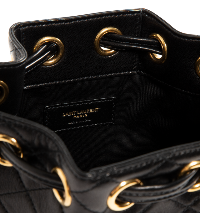Image 3 of 3 - BLACK - SAINT LAURENT Chain Bucket Bag in quilted lambskin featuring a jewelry chain strap for shoulder carry, leather lining, bronze-tone hardware and drawstring closure. 6.3" x 7.1" x 3.9". Strap drop: 15.7". Lambskin. Made in Italy. 