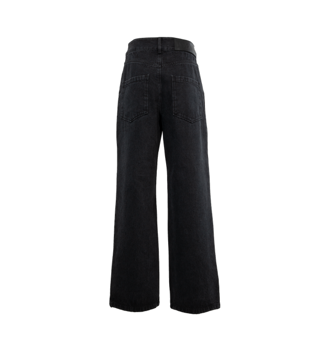 BLACK - LOEWE ANAGRAM BAGGY JEANS are anagram baggy jeans crafted in medium-weight washed cotton denim with a relaxed fit, regular length, low waist, loose leg, contrast anagram cut-out at the front, belt loops, concealed zip fastening, slash pockets, low rear patch pockets at the back, contrast tobacco topstitching and LOEWE embossed leather patch placed at the back. 100% cotton.