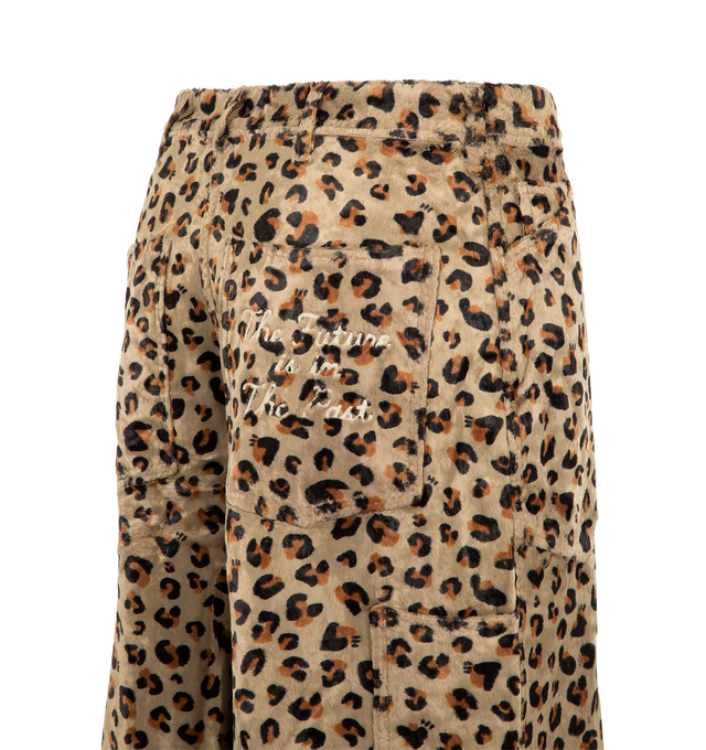 Image 4 of 4 - NEUTRAL - Human Made Men's Leopard Shorts are crafted from a cotton-rayon blend with a smooth pile texture and feature a wide, relaxed-fit silhouette inspired by rock-and-roll style. Designed with a vintage-washed finish, these statement shorts are detailed with a chain-stitched Human Made logo at the front hem, a brand message at the back pocket, and a convenient side pocket sized to fit an iPhone. Main Material: Cotton/Rayon Blend. Fit: Wide, Relaxed. Pockets: Side Pocket, Back Pocket. Deta 