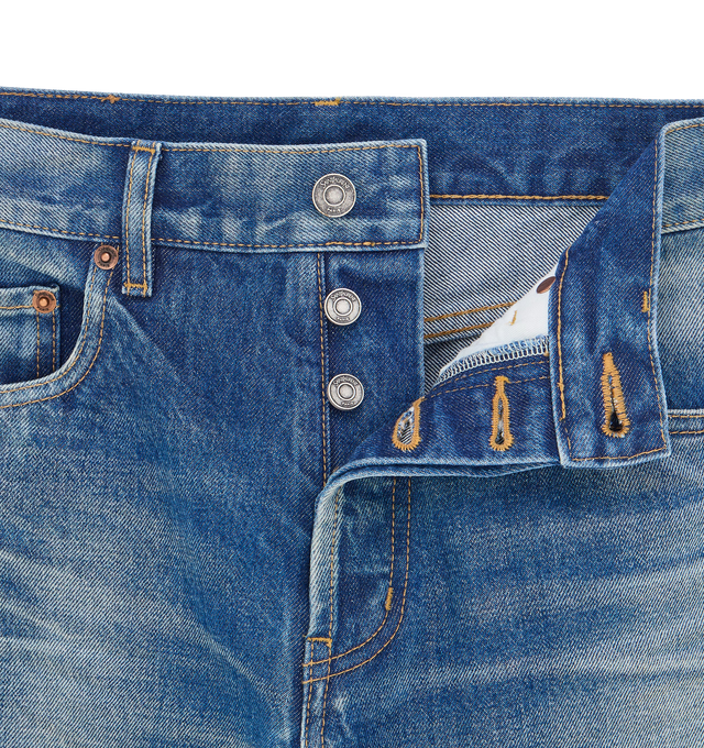 Image 2 of 2 - BLUE - SAINT LAURENT Straight High Rise Jeans featuring high-waist, five-pocket style, a relaxed straight leg, button fly and logo embossed leather jacron. 100% cotton. Made in Japan. 