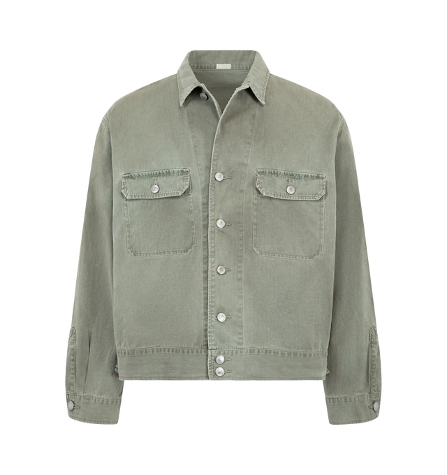 Image 1 of 2 - GREEN - A.Presse Men's Vintage US Army M-42 Field Jacket features a durable cotton construction with a spread collar, button front closure, adjustable waist tabs, and button cuffs. Inspired by the iconic military field jacket, this designer jacket combines timeless utility styling with premium Japanese craftsmanship. Additional details include patch chest pockets and a relaxed silhouette for versatile everyday wear. Main Material: 100% Cotton. Made in Japan. 
