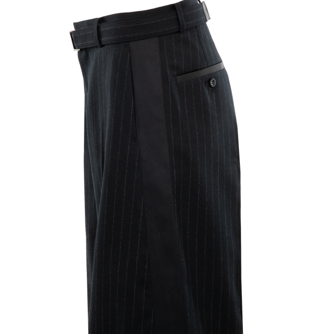 Image 3 of 3 - BLACK - SACAI Chalk Stripe Pants featuring adjustable D-loop belt, side slit pockets, back buttoned welt pockets, zip fly and hook-and-bar closure. 70% wool, 30% polyester.  