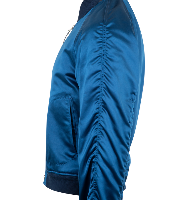 Image 3 of 3 - BLUE - TOM FORD Structured Silk Satin featuring front zip closure, stand collar, ribbed collar, hem and cuffs and half lined. 100% silk. Made in Italy. 