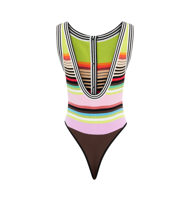 Image 4 of 4 - MULTI - CHRISTOPHER JOHN ROGERS Racer Front Bodysuit with Bolero featuring ribbed knit viscose and nylon blend, rainbow stripe yarns with graphic black and white stripe accents, button front, scoop back and thong bottom with snap gusset. Bolero included.  