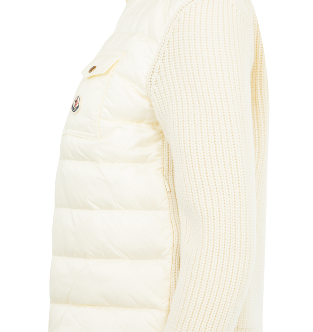 Image 3 of 3 - WHITE - MONCLER Padded Wool Zip-Up Cardigan featuring Merino wool, longue saison lining, down-filled longue saison front and collar, purl stitch and rib knit, gauge 5, zipper and snap button closure, zipped pockets, chest pocket with snap button closure and hem with drawstring fastening. 100% polyamide/nylon. 90% virgin wool, 10% cashmere. Padding: 90% down, 10% feather. Made in Turkey. 