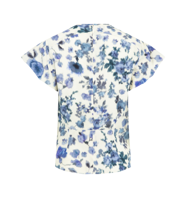 Image 2 of 2 - BLUE - Isabel Marant draped stretch silk rose print top featuring round neckline, short pleated and puffed sleeves, pleats and peplum on the hem, done up in back with a button and a hidden zipper. 91% silk, 9% elastane. Made in Romania. 