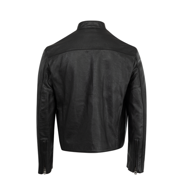 Image 2 of 3 - BLACK - AMIRI Leather Patchwork Racer Jacket featuring patchwork and logo detailing, high neckline with throat latch, long sleeves with zip cuffs, side zip pockets, classic fit and two-way zip-front. Leather. Made in Italy. 