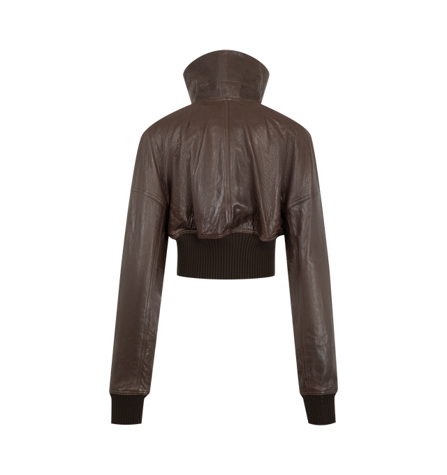 Image 2 of 3 - BROWN - Rick Owens Womens Dracuflight Cropped Jacket is crafted from vegetable-tanned tumbled lamb leather. Features a cropped waist-length silhouette, dropped shoulders, front zip closure, extended reinforced collar, wide ribbed cuffs and hem, and a fully lined interior. Main Material: Lamb Leather; Lining: Fully Lined. Made in Italy. 