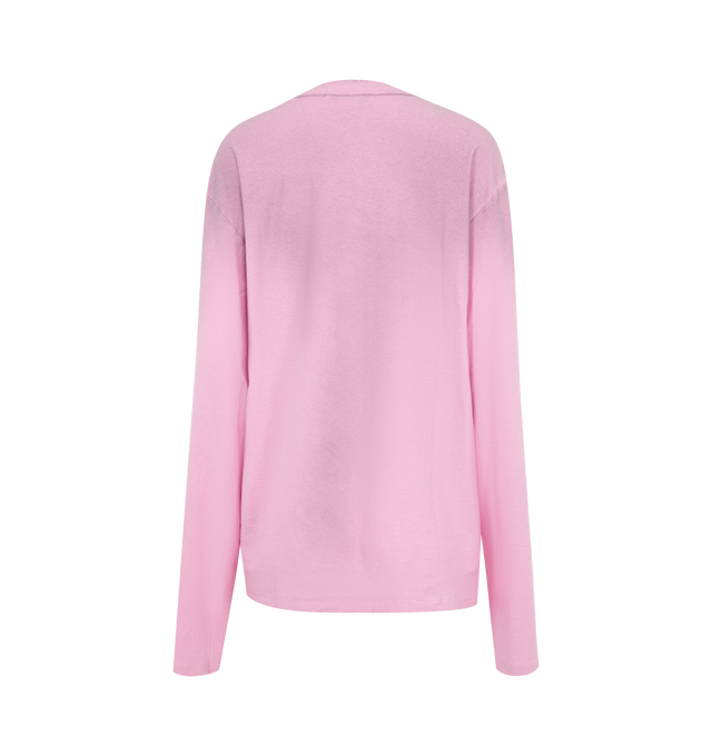 Image 2 of 2 - PINK - Acne Studios Long sleeve t-shirt is cut to a relaxed unisex fit and hip length. Detailed with an Acne Studios 1996 stamp logo, distressed crew neckline, cuffs and hem. Crafted from cotton with a sprayed finish. 85% Organic cotton, 15% True hemp. 