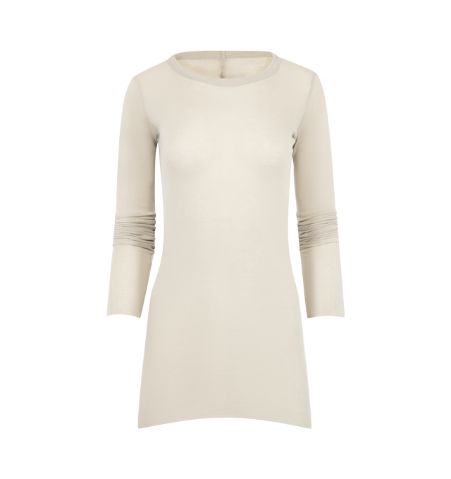 Image 1 of 2 - WHITE - Rick Owens Womens Long Sleeve Rib T-Shirt is crafted from lightweight organic cotton mini rib jersey. Features a slim fit, below-hip length, ribbed crew neck, long sleeves, raw-cut hem and cuffs, and the signature center back seam. Main Material: 100% Organic Cotton. Made in Italy. 