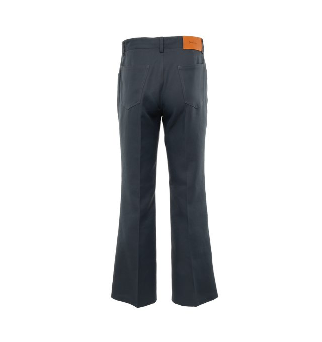 Image 2 of 4 - GREY - SECOND LAYER El Valluco Cuero Pants featuring belt loops, four-pocket styling, zip-fly, creased legs and leather logo patch at back waistband. 68% cotton, 32% polyamide. Lining: 100% cotton. Made in Italy. 