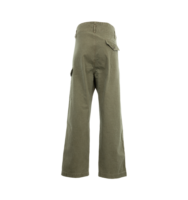 Image 2 of 3 - GREEN - CHIMALA Belgian Waist Gathering Cargo Pants featuring side slit pockets, cargo flap pockets, back flap pocker, belt loops on waist, front pleats, concealed zip closure and straight wide leg.  