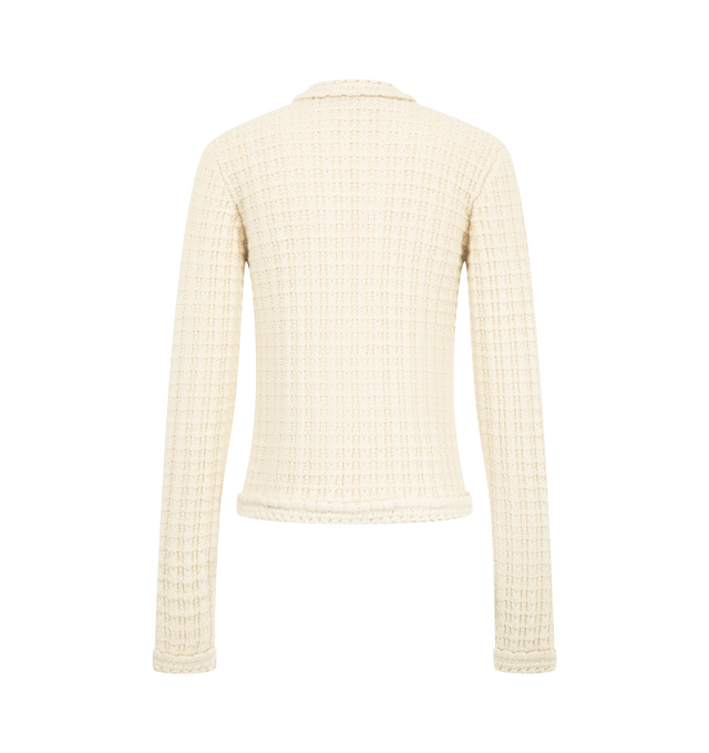 Image 2 of 2 - NEUTRAL - Isabel Marant Women's Hortense Cardigan is crafted from an ecru virgin wool and alpaca blend in a textured waffle knit. The slim-fitting silhouette features a round neckline, long sleeves, silver-tone hook fastenings, flat front pockets, and picot trim at the collar, cuffs, and hem. Main Material: 70% Virgin Wool, 30% Alpaca. 