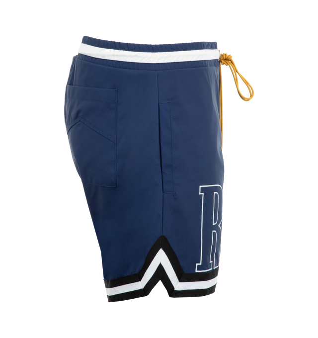 Image 3 of 4 - BLUE - Rhude Logo Basketball Swim Trunks have an elastic drawstring waist, side pockets, and a back pocket. 100% nylon.  