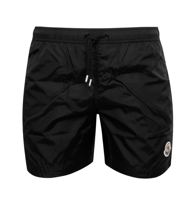 Image 1 of 3 - BLACK - MONCLER Swim Shorts featuring waistband with drawstring fastening, side pockets, zipped back pocket and silicone logo patch. 100% polyamide/nylon. 