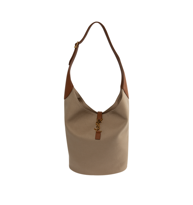 Image 1 of 3 - BROWN - SAINT LAURENT Le 5  7 Hobo Bag in Canvas and Leather featuring vegetable-tanned leather, defined by its leather tab closure decorated with the cassandre.Spacious and lined in cotton and linen, it features one main compartment with an inner zip pocket, an adjustable strap, bronze-toned hardware and four metal feet. 10.217.3" x 12.6" x 1.2". Handle drop: 13". Canvas/calfskin. Made in Italy. 