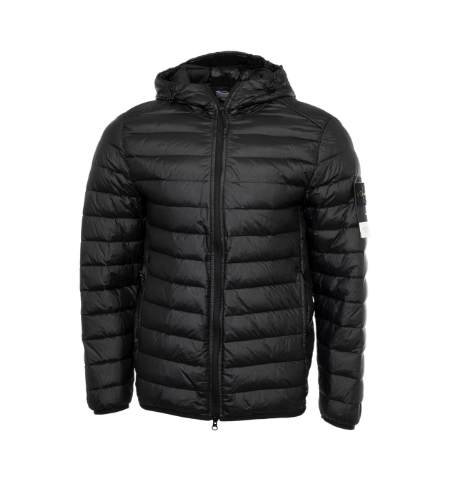 Image 1 of 3 - BLACK - STONE ISLAND Packable Jacket featuring zipper closure on front, fixed hood, zipper pockets on sides, Stone Island Compass logo on left sleeve and down-filled. 100% polyamide. Filling: 90% down, 10% feather (Goose). 