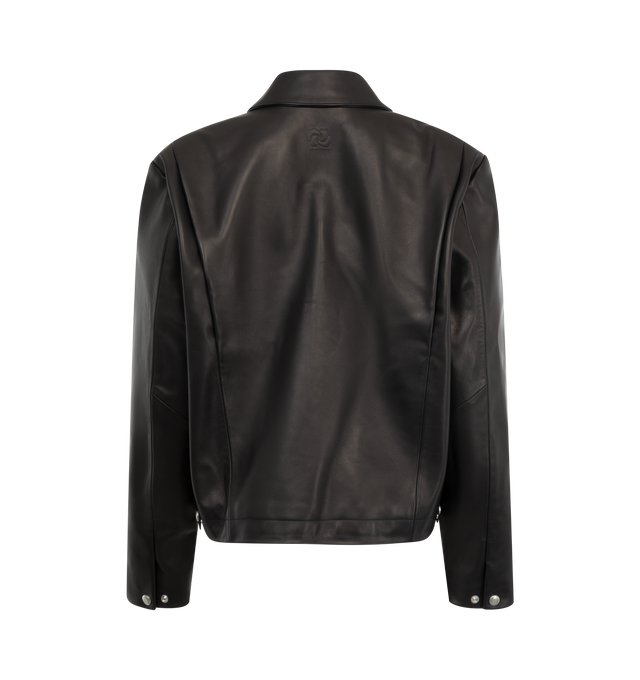 Image 2 of 3 - BLACK - MAGDA BUTRYM Boxy Leather Zip Jacket featuring front zip jacket is cut from thick sheep leather for structure and has an oversized fit, with padded shoulders and back panelling for contour. Details include a pointed down collar, slanted pockets, and contrast floral lining. Magda's new logo is embossed in back at the neck. 100% sheep leather. Lining: 100% silk.  