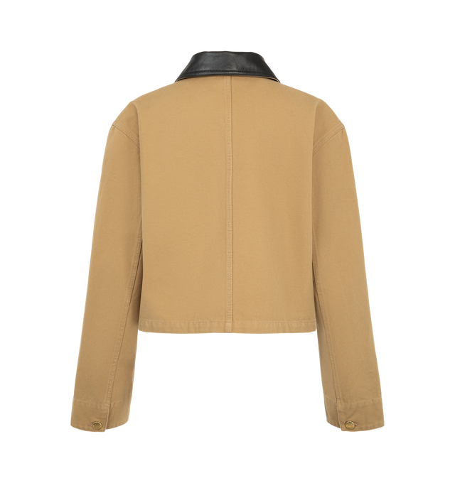 Image 2 of 3 - NEUTRAL - Balenciaga Women's Cropped Workwear Jacket is crafted from heavyweight cotton and features a cropped silhouette with a flat calfskin leather collar, a double-breasted five-button front, and gold-tone button detailing. Inspired by classic utility workwear, this designer jacket is finished with buttoned cuffs, a flap chest pocket, a patch pocket with a Balenciaga logo leather patch, and two front slash pockets, combining functional design with the house's modern aesthetic. Main Materi 