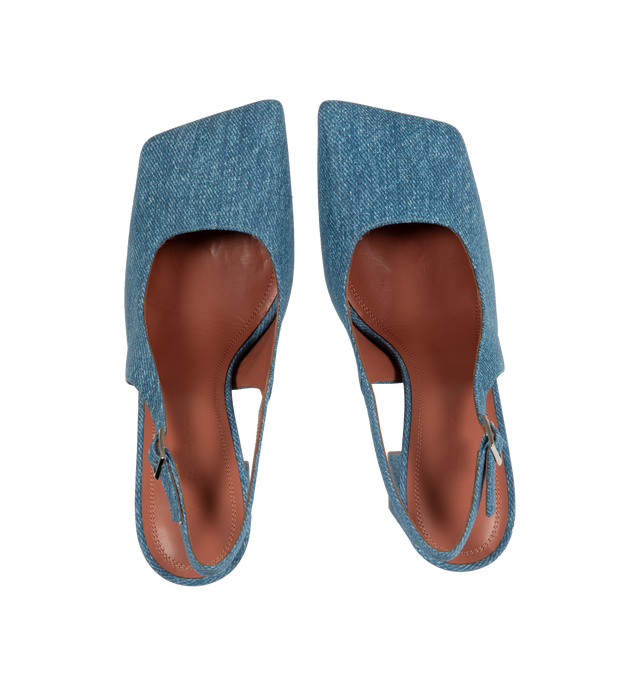 Image 4 of 4 - BLUE - AMINA MUADDI Charlotte sligbacks crafted from suede with denim print featuring 95mm block heel, silver buckle, squared toe. Made in Italy. 100% Nubuck upper with 100% goat leather lining and 70% leather / 30% rubber sole.  