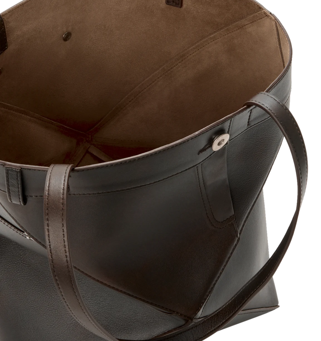 Image 3 of 4 - BROWN - LOEWE Panta Medium Puzzle Fold Tote featuring lightweight geometric structure designed to fold completely flat. This medium version is crafted in vintage-finish shiny calfskin with denim trousers-inspired details, shoulder or hand carry, suede lining and silver embossed LOEWE. Shiny calf. 31.5 cm x 25.5 cm x 14.5 cm. Made in Spain. 