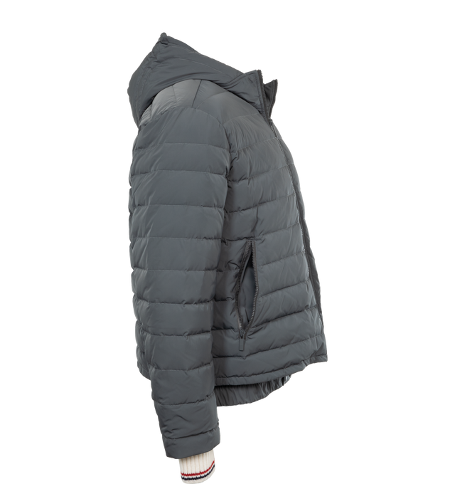 Image 3 of 4 - GREY - THOM BROWNE Down Filled Ski Jacket has an attached hood, knit cuffs, side zip pockets, signature four bar stripes at sleeve, and ribbed cuffs. 100% polyester. Padding: 80% White Goose Down, 20% White Goose Feathers. 