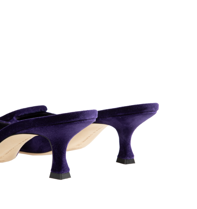 Image 3 of 4 - PURPLE - MANOLO BLAHNIK Maysale Mule featuring suede buckle and kitten heel. 50MM. 100% kid suede. Sole: 100% calf leather. Lining: 100% kid leather. Made in Italy. 