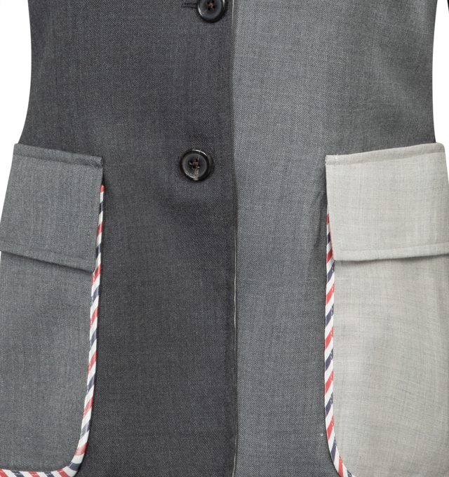Image 3 of 3 - GREY - THOM BROWNE Sport coat crafted from wool twill fabric in an unconstructed silhouette adorned with tri-color trim and charcoal colorblocking.  Featuring front button closure, notched lapels, chest welt pocket; front flap-patch pockets, and back vent. 100% wool.  Made in Italy. 