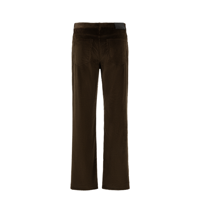 Image 2 of 3 - BROWN - Loewe Men's Corduroy Trousers are crafted from medium-weight brown cotton corduroy and feature a regular fit with a mid-rise waist, straight leg, and regular length. A concealed zip fly and classic five-pocket construction define the silhouette, while an embossed Loewe leather and suede patch accents the back. Main Material: Cotton. Made in Italy. 