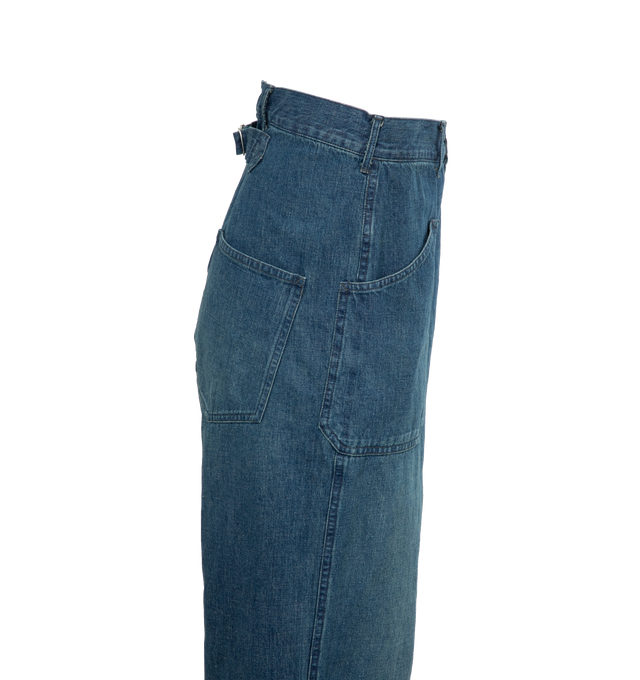 Image 3 of 4 - BLUE - Chimala IS Navy Denim Workpants in a dark wash with a loose and relaxed fit featuring slanted hip pockets, interior button closure, and a adjustable buckle and notched waist at the back. 100% cotton. Made in Japan. 