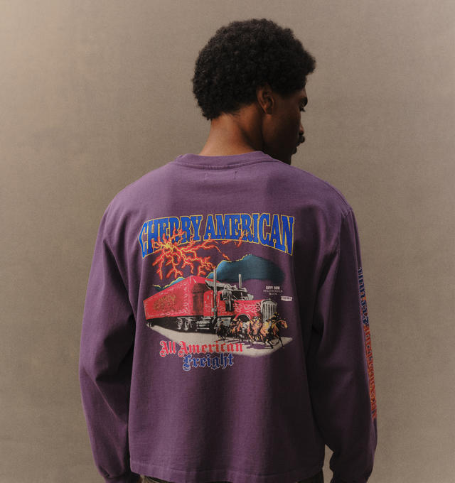 Image 6 of 6 - PURPLE - Cherry LA Men's American Freight Longsleeve T-Shirt is crafted from heavyweight cotton and features a boxy-fit silhouette with long sleeves and rib-knit cuffs. Designed with screen-printed graphics at the front, back, and sleeves, this statement style combines durable construction with bold Cherry LA artwork. Main Material: Heavyweight Cotton. Made in Los Angeles, California. 