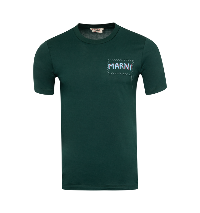 Image 1 of 2 - GREEN - MARNI Patch T-Shirt featuring rib knit crewneck, logo patch at chest and contrast stitching. 100% cotton. Made in Italy. 