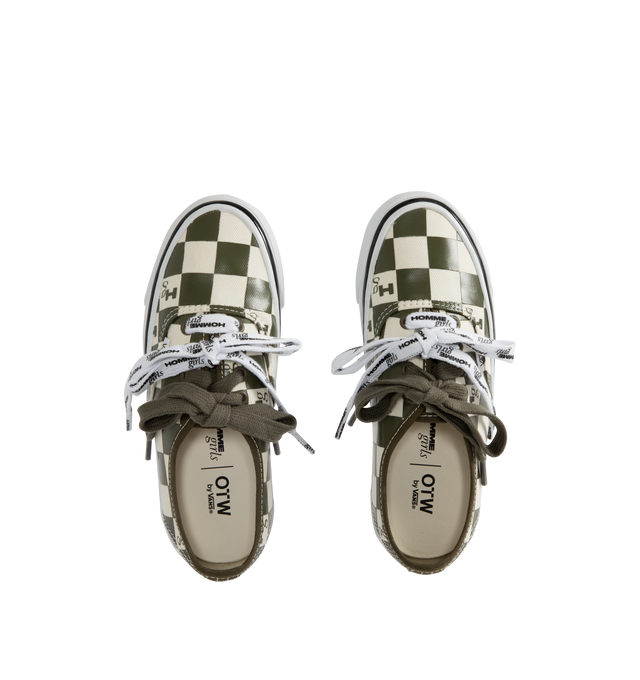 Image 5 of 5 - GREEN - VANS X HOMME GIRLS OTW Authentic 44 Sneaker featuring Heritage low-top shoe, Style 44, 8 oz canvas upper with 6 oz canvas bindings and heel strip, HommeGirls branded lace, with optional second lace, metal eyelets, higher sidewall with gloss finish, foxing tape, reinforced outsoles, Co-branded Foam ADC (All-Day Comfort) insole, signature waffle outsole pattern, all-over checkerboard pattern with Hg monograms and co-branded logo heel scab. 