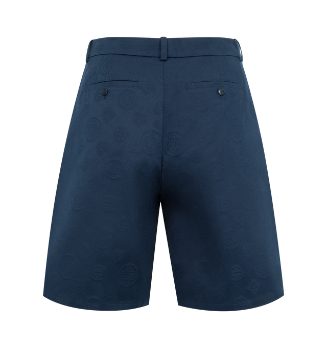 Image 2 of 3 - NAVY - CASABLANCA Monogram Shorts featuring knee-length, monogram pattern, waistband, belt loops with interlocking CC logo rivet, a zip closure, slanted front pockets and back pockets. 100% cotton. Made in Italy. 