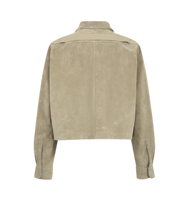 Image 2 of 3 - NEUTRAL - Rick Owens Men's Alice Jacket is crafted from a suede leather and features a natural tumbled grain finish. Cut to an above-hip length with long sleeves, this fully lined jacket is detailed with a classic collar, concealed snap-front closures, level shoulder seams, and snap cuffs. Functional elements include two vertical front jet pockets, side-seam pockets, and internal zippered pockets. Main Material: Suede leather. Front and Pocket Lining: 100% Cotton. Back and Sleeve Lining: 100% 