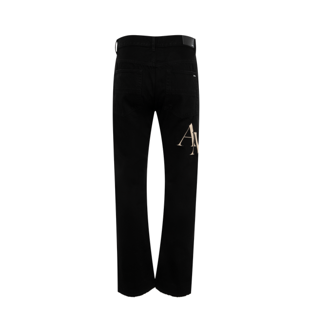 Image 2 of 3 - BLACK - AMIRI Staggered Logo Jeans featuring belt loops, five-pocket styling, button-fly, felted logo appliqu at leg, logo patch at back waistband and logo plaque at back pocket. 92% cotton, 6% elastomultiester, 2% elastane. Made in United States. 