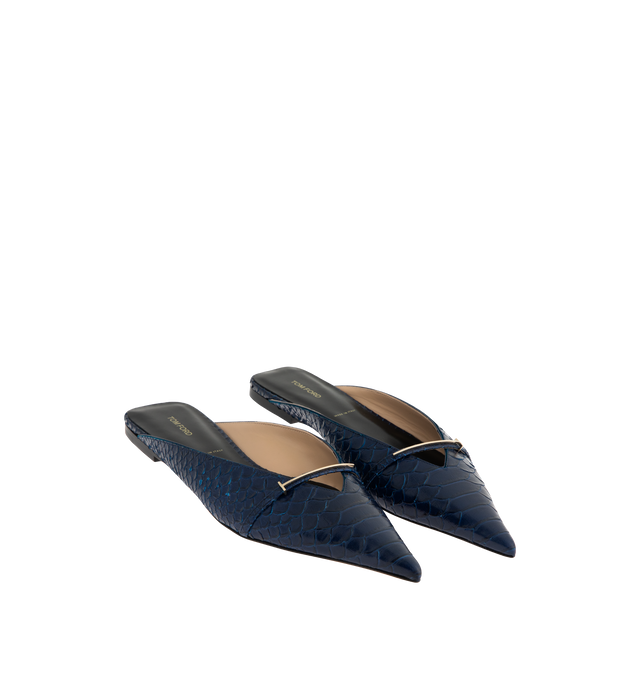 Image 2 of 4 - BLUE - TOM FORD Python Embossed Pointed Toe Mule featuring snake-embossed leather slip-on flats, pointed toe, strap and logo hardware at vamp, logo printed at footbed, stacked leather heel and leather sole. Upper: leather. Sole: leather. Made in Italy. 