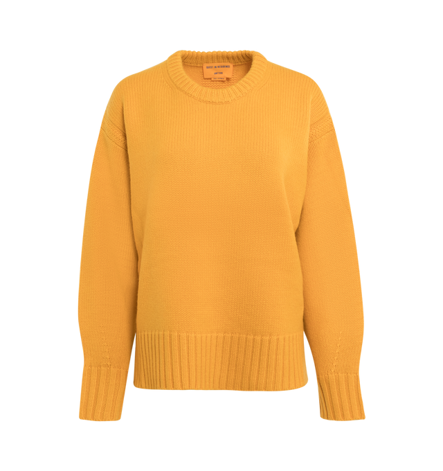 YELLOW - GUEST IN RESIDENCE Cozy Crew featuring oversized fit, crew neck, dropped shoulder, reverse jersey detail around arm & shoulder with tuck stitch, ribbed neck trim, cuff and hem, side slit at hem and jersey cable. 100% cashmere. 