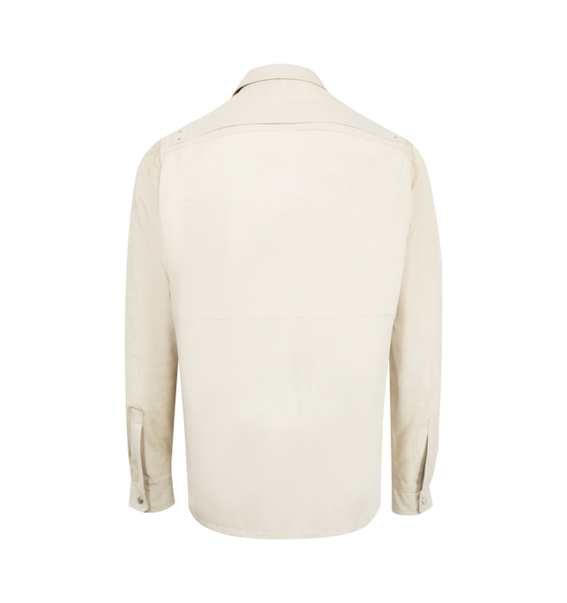 Image 2 of 2 - WHITE - RICK OWENS Overshirt Denim Shirt featuring organic cotton denim shirt, boxy-fit, spread collar, press-stud closure, flap pockets, shirttail hem, pleats at single press-stud cuffs and webbing strap at back yoke. 100% cotton. Made in Italy. 