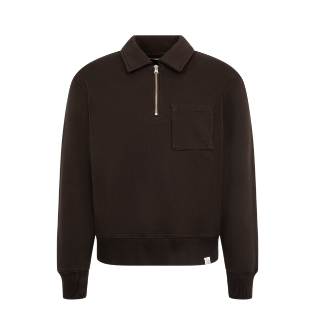 Image 1 of 2 - BROWN - Merz b. Schwanen Men's Authentic Fleece Polo Collared Half-Zip Sweatshirt is crafted from organic cotton Authentic Fleece and features a polo collar, metal half-zip closure, chest pocket, and signature triangular underarm inserts.  Main Material: 100% Organic Cotton.  