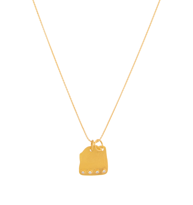 Image 1 of 1 - GOLD - Eli Halili Engraved Plate Diamond Necklace is handcrafted with an engraved 22K yellow gold plate accented by four brilliant diamonds and suspended from an elegant 18K yellow gold Spiga chain. Designed and hand forged in New York, this designer fine jewelry necklace showcases Eli Halili's signature blend of ancient-inspired artistry and exceptional craftsmanship, creating a timeless statement piece with understated brilliance. Main Materials: 22K Yellow Gold and 18K Yellow Gold. Gemston 