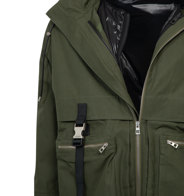 Image 3 of 3 - GREEN - LOEWE Parka featuring regular fit, regular length, two-layer front construction with LOEWE engraved safety buckle straps, detachable padded lining that can be worn separately, hooded collar with leather drawstring, velcro tabs at the cuffs, two-way zip front fastening, zipped pockets, inside welt pockets, adjustable drawstring hem and LOEWE Anagram embossed leather patched placed at the back. 100% cotton. Made in Italy. 