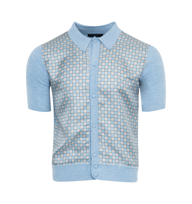 Image 1 of 2 - BLUE - AMIRI Contrast Panel Polo Shirt featuring exposed button fastenings at front, polo collar, regular fit, short sleeves, branded satin panels at front, contrast panels and ribbed trims. 100% wool. 100% silk. Made in Italy. 