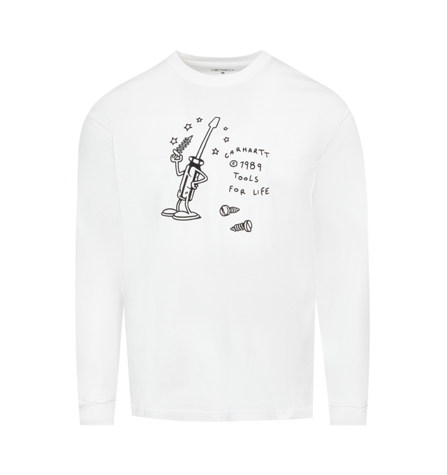 Image 1 of 1 - WHITE - CARHARTT WIP Tools For Life T-Shirt featuring long sleeve, midweight organic cotton jersey, loose fit and graphic print appears on the front. 100% organic cotton. 