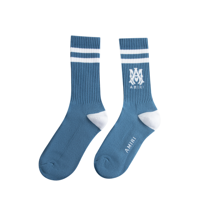 Image 2 of 2 - BLUE - AMIRI MA Stripe Sock featuring classic silhouette, ribbed detail throughout, MA logo at ankle and Amiri logo at foot. 78% cotton, 20% polyester, 2% elastane. 