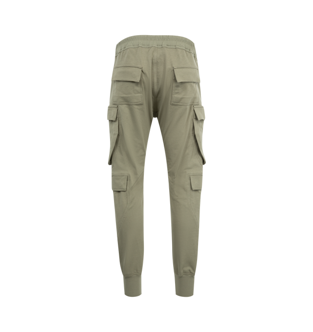 Image 2 of 3 - GREEN - RICK OWENS Men's Mastodon Megacargo Tapered Cotton-Jersey Drawstring Trousers in a comfortable heavyweight cotton-jersey. Pull-on style featuring signature elongated drawstrings, cargo pockets on each leg, ribbed trim at ankles. 100% cotton. 